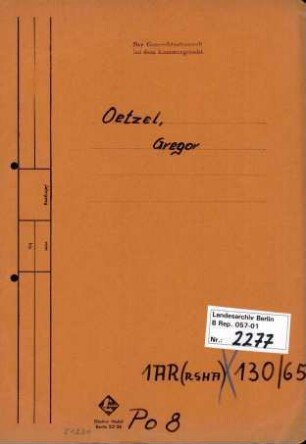 Personenheft Gregor Oetzel (*27.02.1906), Kriminalobersekretär