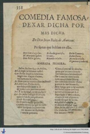 Comedia Famosa. Dexar Dicha Por Mas Dicha.