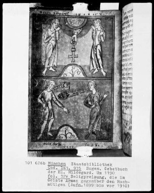 Sogenanntes Gebetbuch der heiligen Hildegard — Seligpreisung, die im Geiste Armen gegenüber den Hochmütigen, Folio 32verso