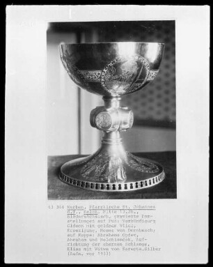 Abendmahlskelch (Kuppa: Abrahams Opfer, Abraham und Melchisedek, Aufrichtung der ehernen Schlange, Elias mit Witwe von Sarepta) (Fuß: Verkündigung, Gideon mit goldenem Vlies, Kreuzigung, Moses von Dornbusch)