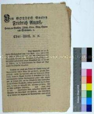 Mandat von Friedrich August III. Kurfürst von Sachsen betreffend die fristgerechte Einreichung von Verzeichnissen mit den Namen anzuwerbender Soldaten