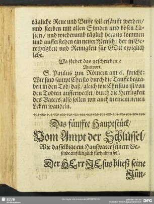 Das fünffte Hauptstück, Vom Ampt der Schlüssel, Wie dasselbige ein Haußvater seinem Gesinde einfältiglich fürhalten soll