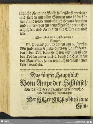 Das fünffte Hauptstück, Vom Ampt der Schlüssel, Wie dasselbige ein Haußvater seinem Gesinde einfältiglich fürhalten soll