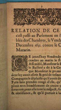 Relation de ce qui s'est passé en parlement ... 29. Decembre 1651