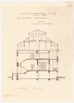 Achteckiges Landhaus Monatskonkurrenz März 1924: Längsschnitt 1:100