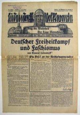Völkische Wochenzeitung "Ludendorff's Volkswarte" mit einem Leitartikel von Ludendorff über den deutschen Faschismus