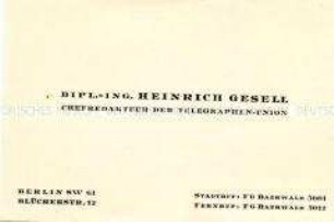 Visitenkarte des Journalisten Gesell aus der Sammlung des Reichskanzlers Marx / Kategorie "Presse" - Sachkonvolut