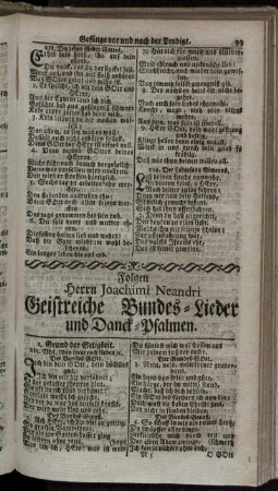 Folgen Herrn Joachimi Neandri Geistreiche Bundes-Lieder und Danck-Psalmen.