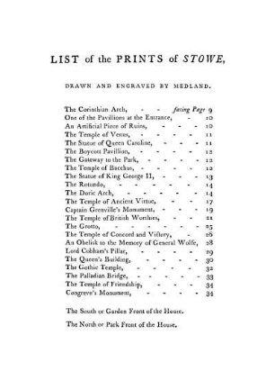 List of the Prints of Stowe, Drawn And Engraved By Medland.