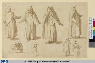 Skizzenblatt mit vier Ansichten eines stehenden Mönchs und vier kleineren Figurenstudien