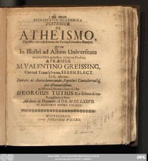Exercitatio Academia Posterior De Atheismo : Opposita inprimis Renato des Cartes, & Matthiae Knutzen