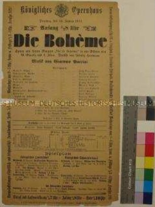 Theaterzettel des Königlichen Opernhauses Dresden für die Aufführung von "La Bohème" am 14. Januar 1913