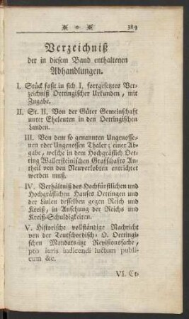 Verzeichniß der in diesem Band enthaltenen Abhandlungen