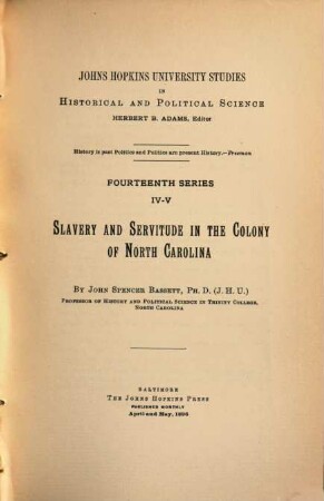 Slavery and Servitude in the Colony of North Carolina