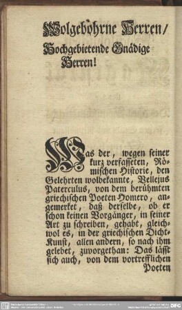 Wohlgebohrne Herren, Hochgebietende Gnädige Herren!