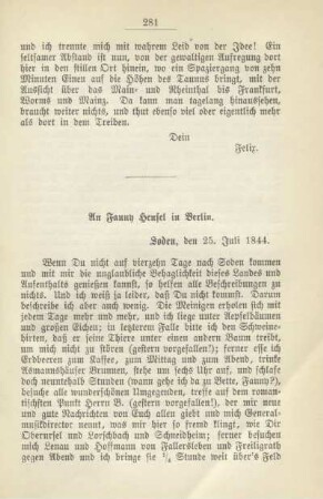 An Fanny Hensel in Berlin. Soden, den 25. Juli 1844