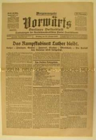 Zentralorgans der SPD "Vorwärts" zur Weiterführung des Kabinetts Luther und zur Wahl in Berlin