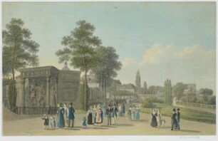Das Moritzmonument mit Blick auf die Brühlsche Terrasse in Dresden, Umrißradierung, 1820 : [Das Moritzmonument mit Blick auf die Brühlsche Terrasse in Dresden]. - [S.l.] , [um 1820]. - 1 Kunstbl. : Umrissradierung ; 39 x 25 cm