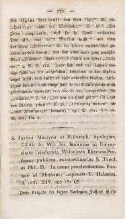771-777 [Rezension] S. Justini Martyris et Philosophi Apologiae