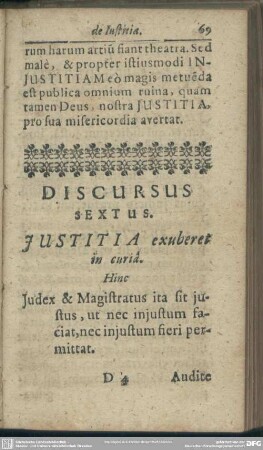 Discursus Sextus. Iustitia exuberet in curia