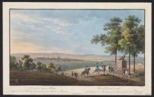 Ansicht von Dresden, Radierung, um 1840 : Richter, Johann Carl August : Dresden gegen Mittag : aufgenommen bei Moreaus Denkmal auf der Anhöhe zu Räcknitz = Vue de Dresde à midi : pris aupres du Monument de Moreau près de Räcknitz / J.C.A. Richter ; Ernst Arnold exc.. - Dresden : Ernst Arnold, [um 1840]. - 1 Blatt : Stich, koloriert ; Blattgröße 21 x 34 cm, Plattengröße 20,3 x 32 cm