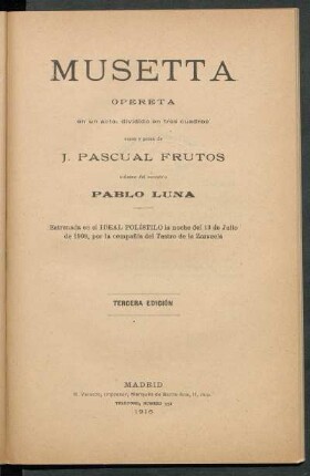 Musetta : opereta en un acto, dividido en tres cuadros