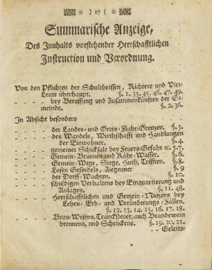Summarische Anzeige, Des Innhalts vorstehender Herrschafftlichen Instruction und Verordnung