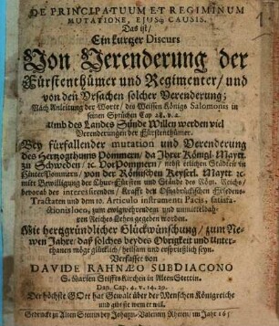 De principatuum et regiminum mutatione, eiusque causis : Das ist ein kurtzer Discurs von Verenderung der Fürstenthümer und Regimenter und von den Ursachen solcher Verenderung