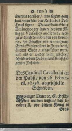 Des Cardinal Cavallerini an den Pabst, von 26. Februarii, 1696, abgeschickte Schreiben