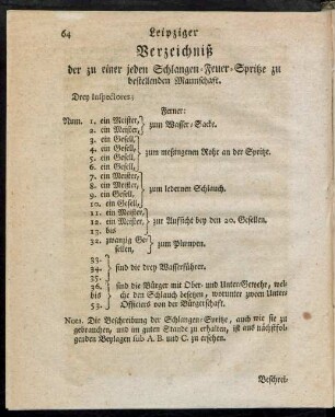 [4] Verzeichniß der zu einer jeden Schlangen-Feuer-Spritze zu bestellenden Mannschaft