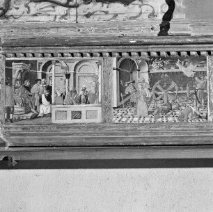 Altaraufsatz: Madonna zwischen Heiligen — Predella — Die heilige Katharina im Disput mit den Philosophen