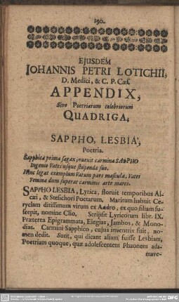 Ejusdem Johannis Petri Lotichii, D. Medici, & C. P. Caes. Appendix