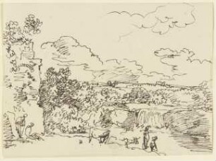 Flache Landschaft mit angeschnittener Ruine links