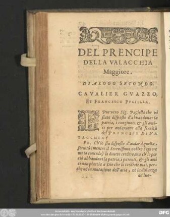 Del Prencipe Della Valacchia Maggiore. Dialogo Secondo. Cavalier Guazzo, Et Francesco Pugiella.