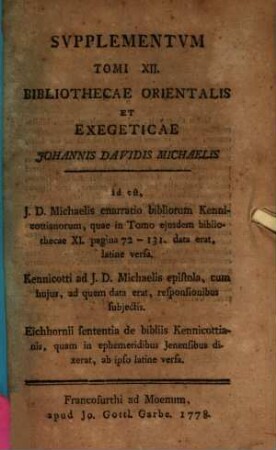 Supplementum Tomi duodecimi Bibliothecae orientalis ... J. D. Michaelis