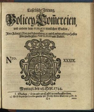 Nro. XXXIX, Montags, den 28. Sept. 1744