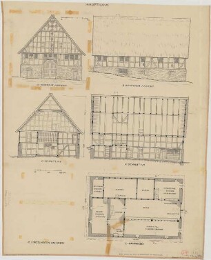 Ödingen (Kreis Meschede): Hof Wicker genannt Veltins. - Haupthaus (Grundriss, Nordostansicht, Nordwestansicht, Schnitte). - Giebel am Haupthaus (Detailansichten)