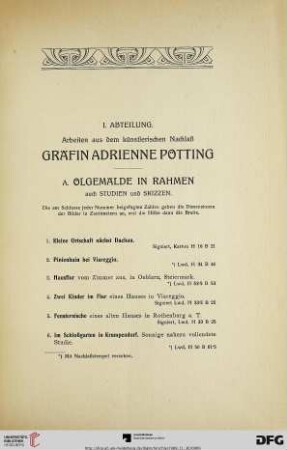 I. Abteilung. Arbeiten aus dem künstlerischen Nachlaß Gräfin Adrienne Pötting (Nr. 1-300)