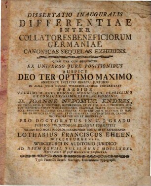 Dissertatio Inauguralis Differentiae Inter Collatores Beneficiorum Germaniae Canonicas Sequelas Exhibens