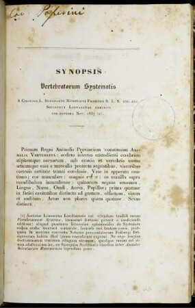Synopsis Vertebratorum Systematis : Societati Linnaeanae Exhibiti Die Septima Nov. 1837