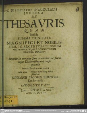 Disputatio inauguralis iuridica de thesauris