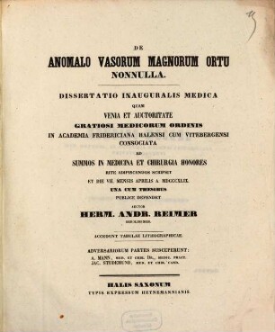 De anomalo vasorum magnorum ortu nonnulla : dissertatio inauguralis medica; accedunt tabula lithographica