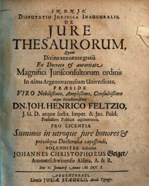 Disputatio Juridica Inauguralis, De Jure Thesaurorum