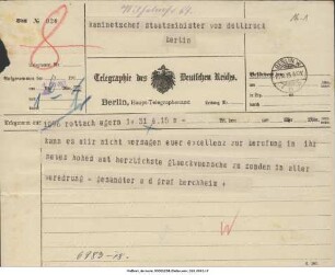 Briefe aus Anlass der Ernennung von Delbrück zum Chef des Kaiserlichen Zivilkabinetts