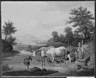 Bauernfamilie mit Vieh an der Furt