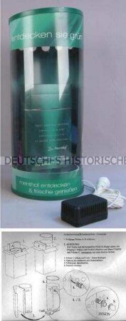 Werbeaufsteller (beleuchtbar; mit Drehteller, Glühlampe und Aufbauanleitung) für "Davidoff Menthol"-Zigaretten, "entdecken sie grün"