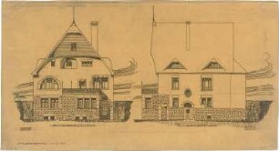 Billing, Hermann; Karlsruhe, Eisenlohrstr. 31; Haus Baumeister - Vorderfassade zur Straße (Ansicht); Seitenfassade mit Eingang (Ansicht)