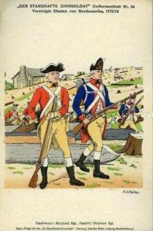 Uniformdarstellung, Infanteristen des 1st Maryland Regiment und des 1st Delaware Regiment, USA, 1775/1776.