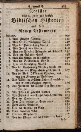 Register über die zwey und funfzig Biblischen Historien aus dem Neuen Testamente.