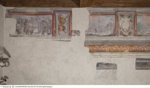 Illusionistische Freskendekoration mit Loggia, Personifikation des Frühlings und Landschaftsdarstellungen auf Vorhängen